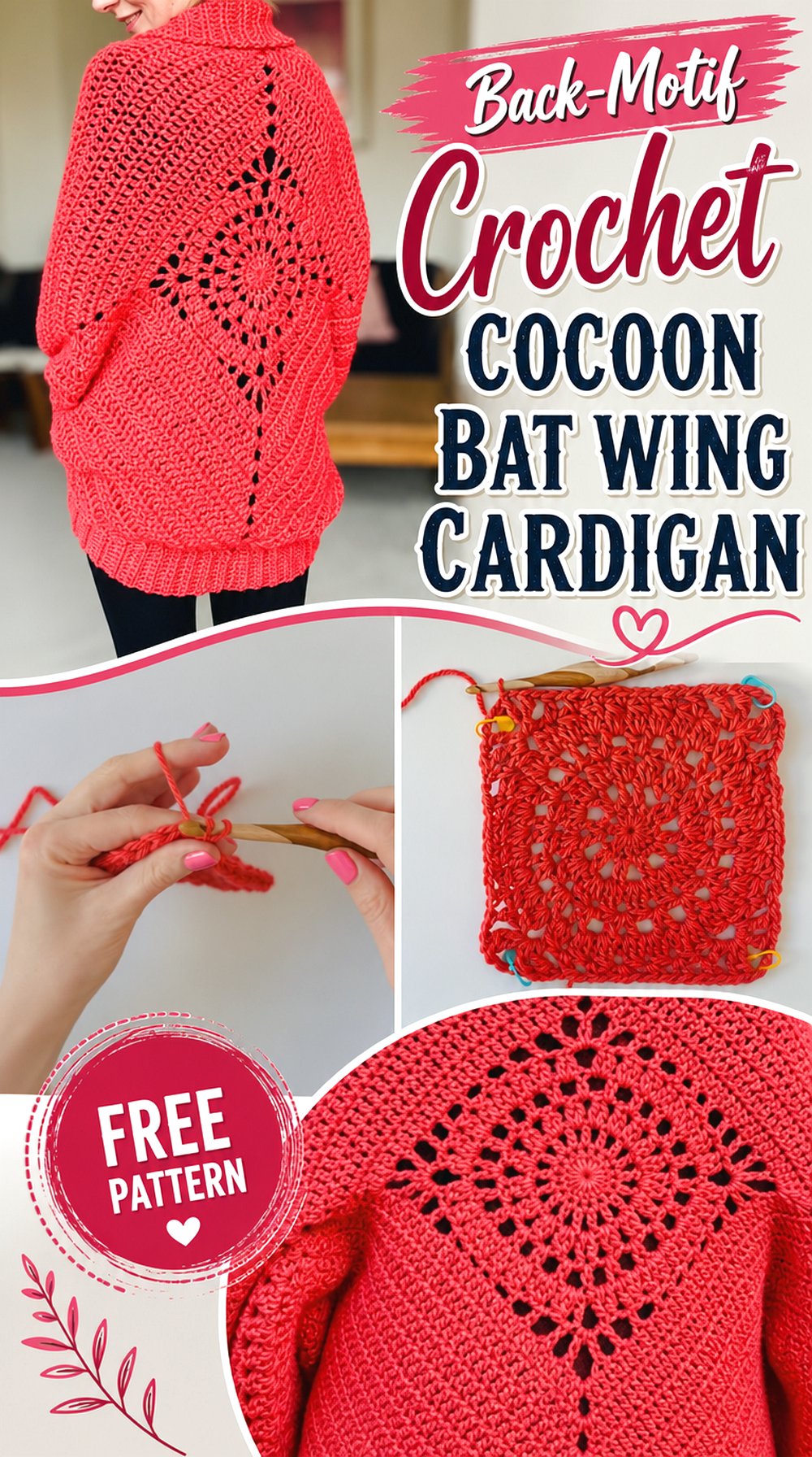 Back Motif Crochet Cocoon Bat Wing Cardigan