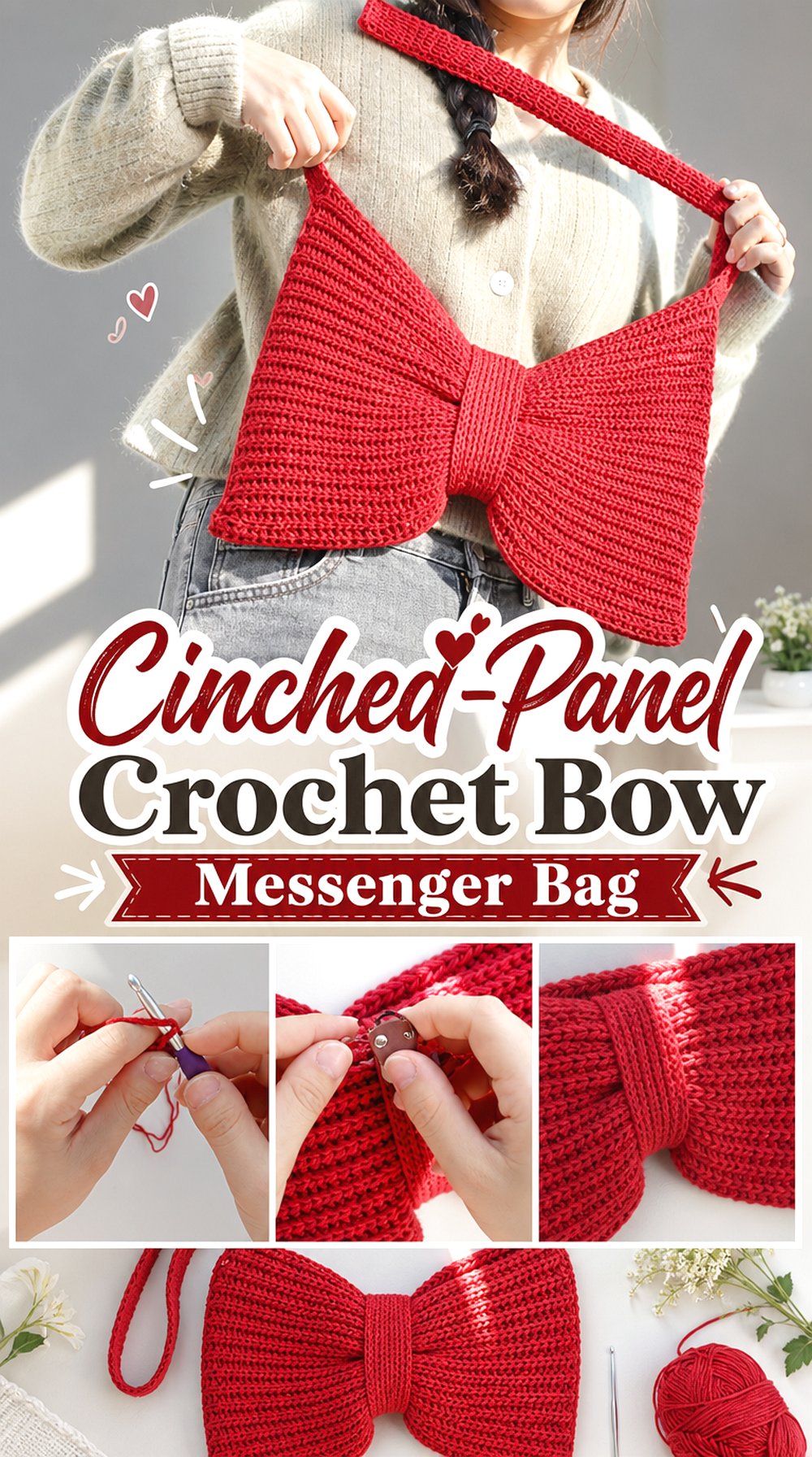 Cinched Panel Crochet Bow Messenger Bag