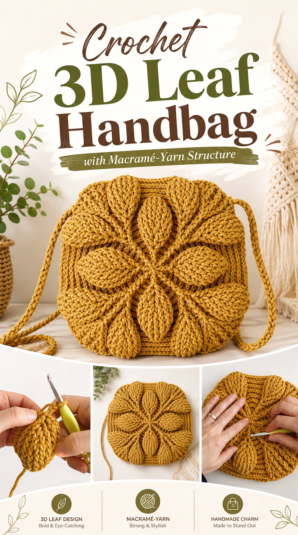 Crochet D Leaf Handbag with Macramé Yarn Structure