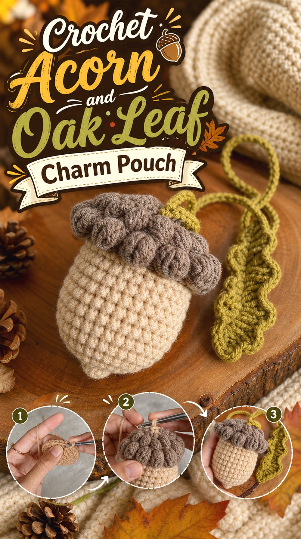 Crochet Acorn and Oak Leaf Charm Pouch