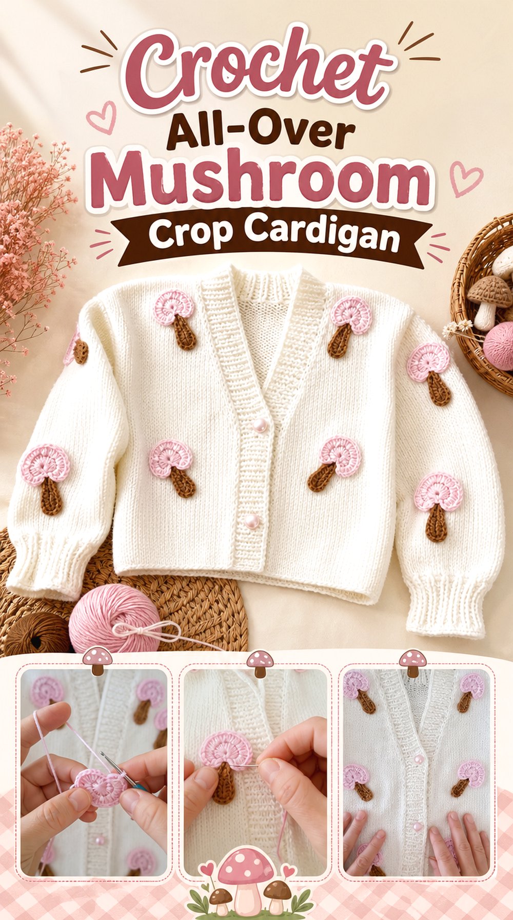 Crochet All Over Mushroom Crop Cardigan