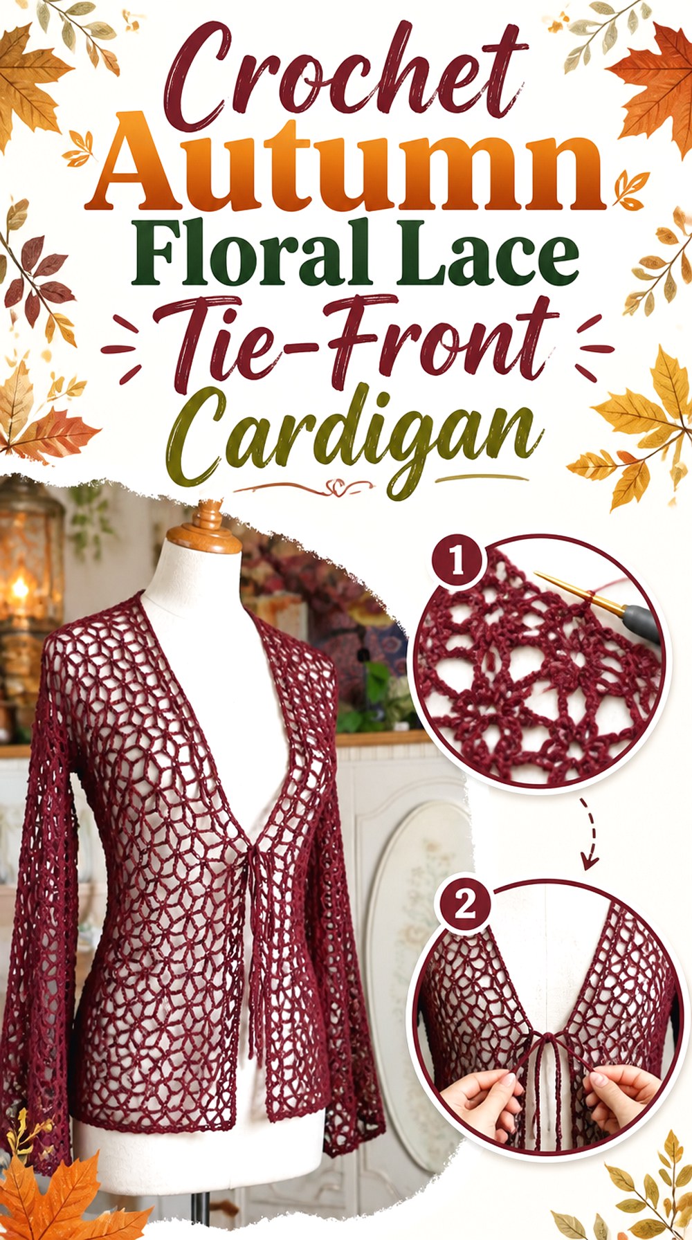 Crochet Autumn Floral Lace Tie Front Cardigan