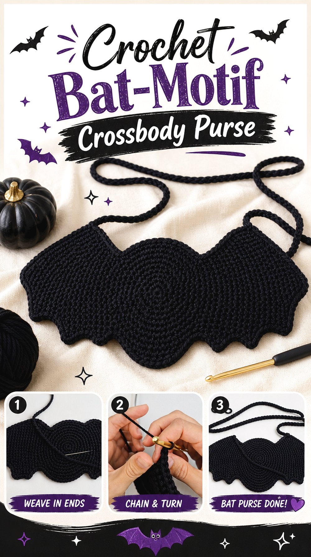 Crochet Bat Motif Crossbody Purse
