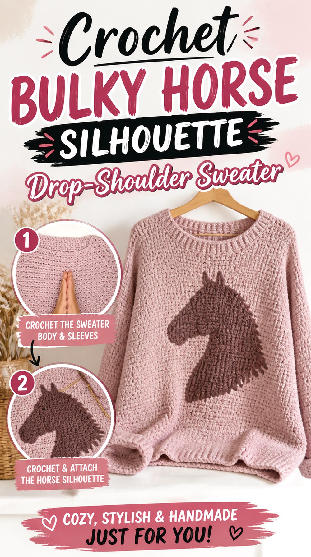 Crochet Bulky Horse Silhouette Drop Shoulder Sweater