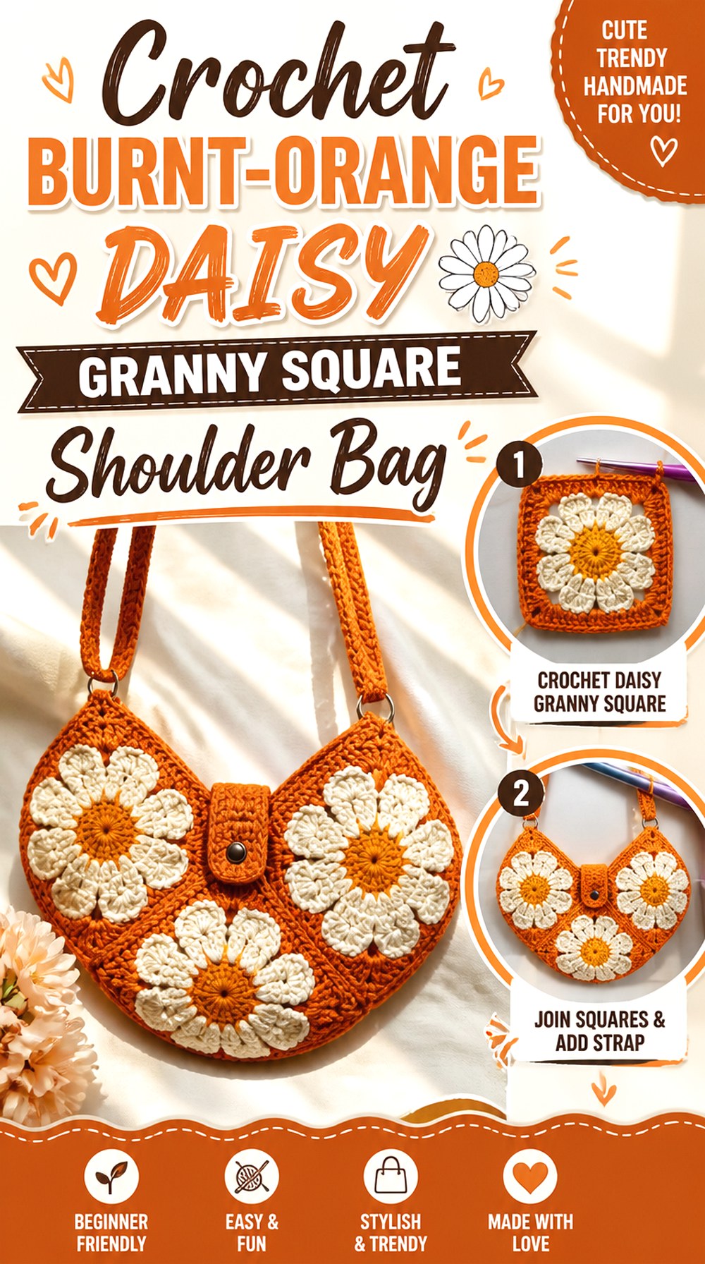 Crochet Burnt Orange Daisy Granny Square Shoulder Bag