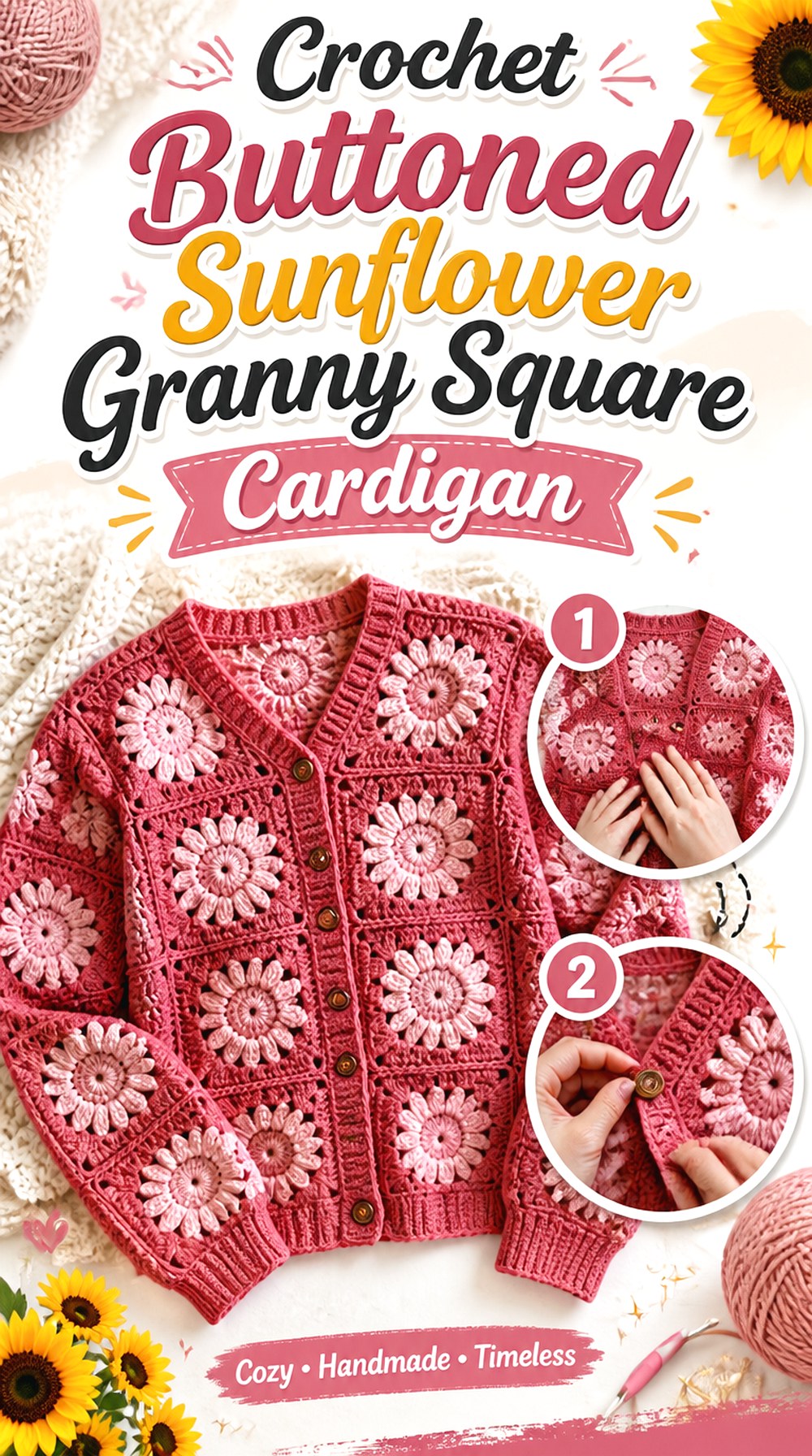 Crochet Buttoned Sunflower Granny Square Cardigan