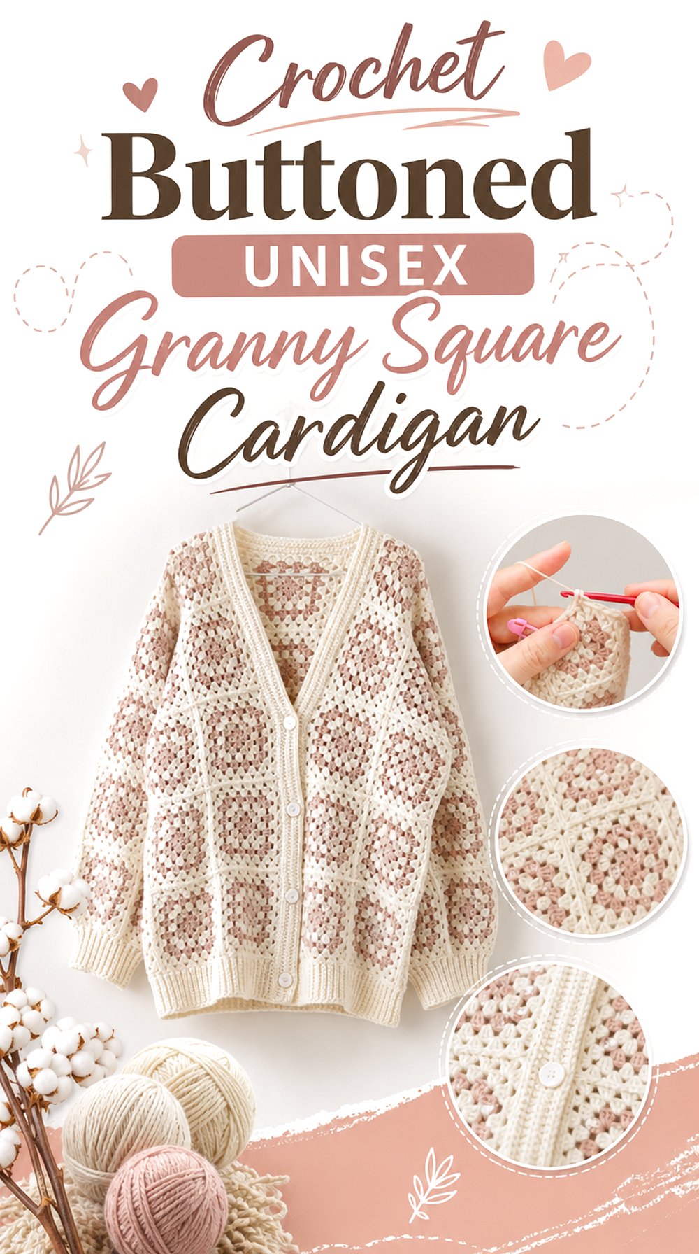 Crochet Buttoned Unisex Granny Square Cardigan