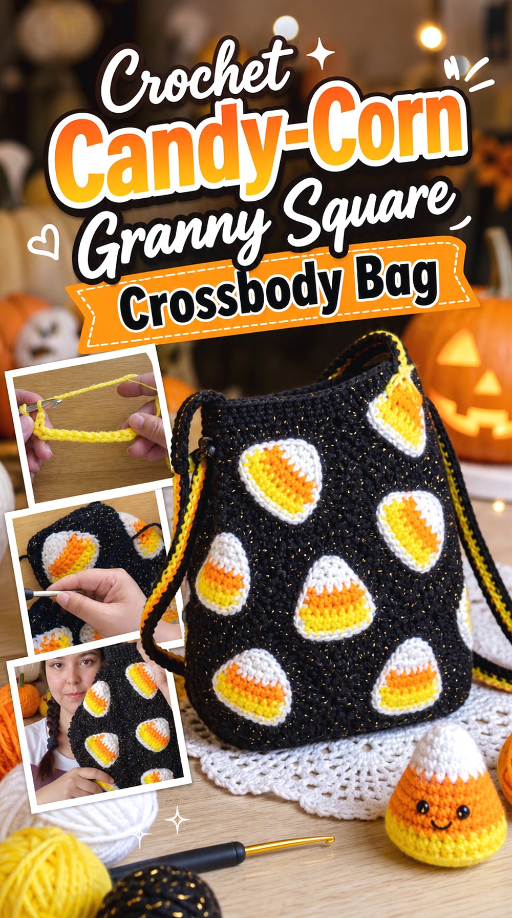 Crochet Candy Corn Granny Square Crossbody Bag