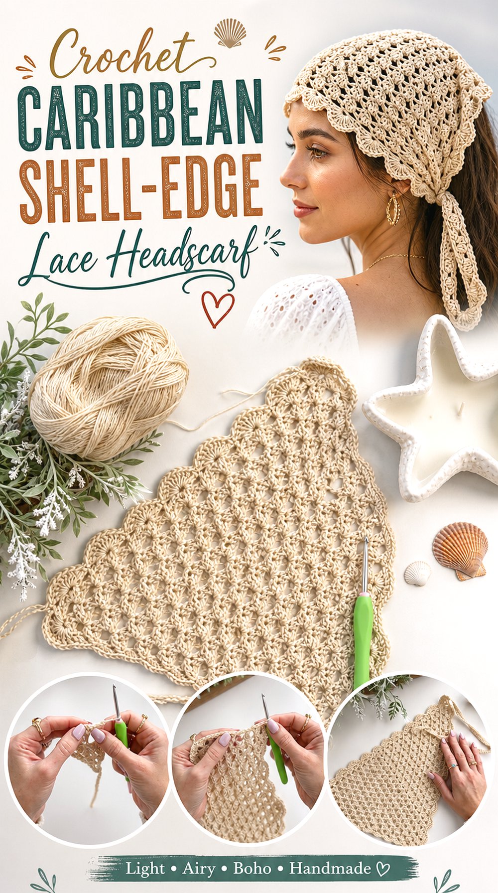 Crochet Caribbean Shell Edge Lace Headscarf