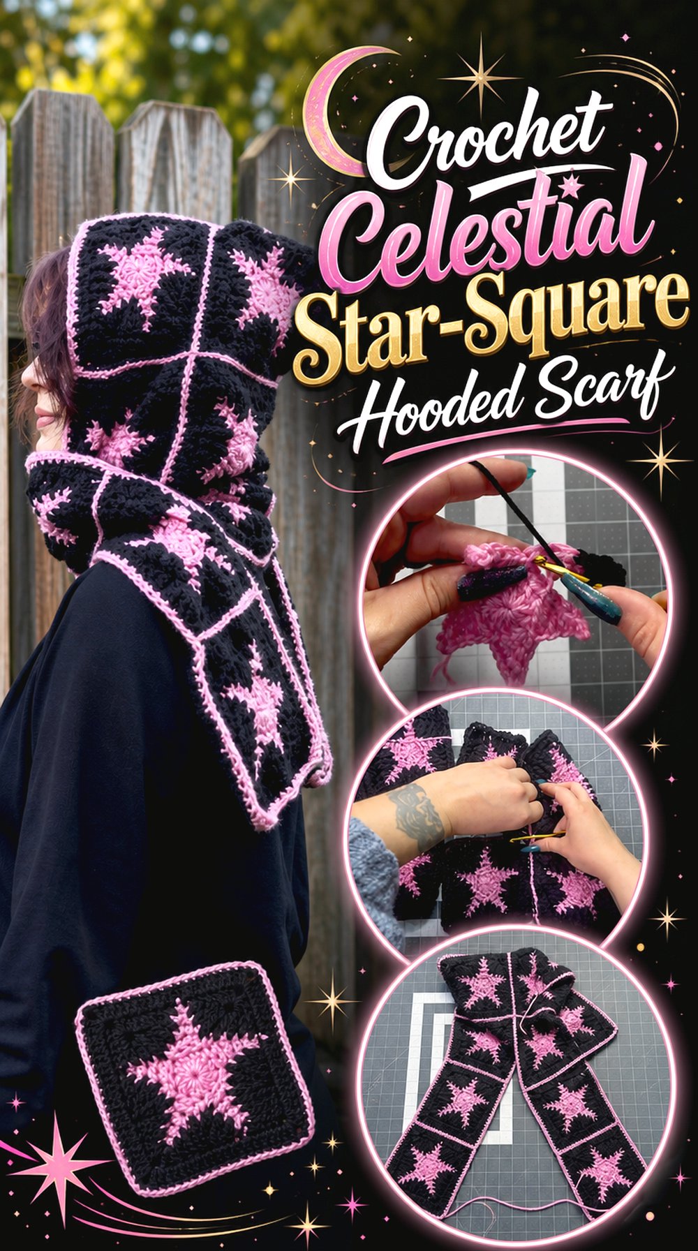 Crochet Celestial Star Square Hooded Scarf
