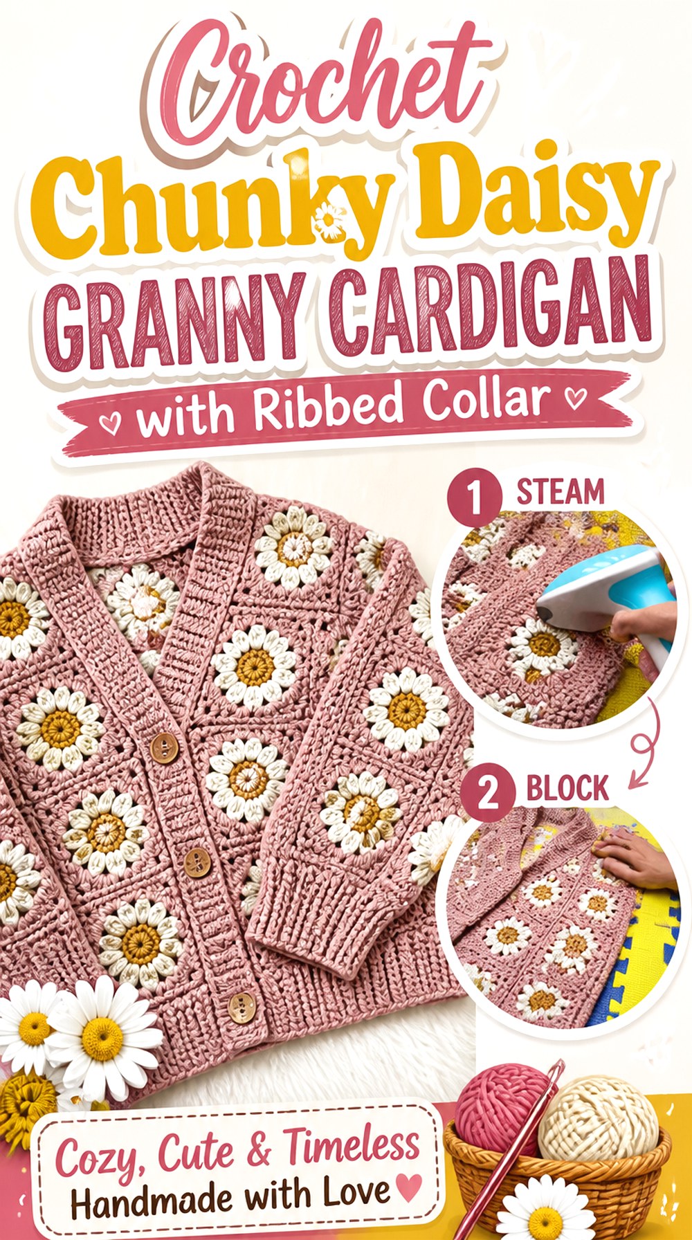 Crochet Chunky Daisy Granny Cardigan with Ribbed Collar