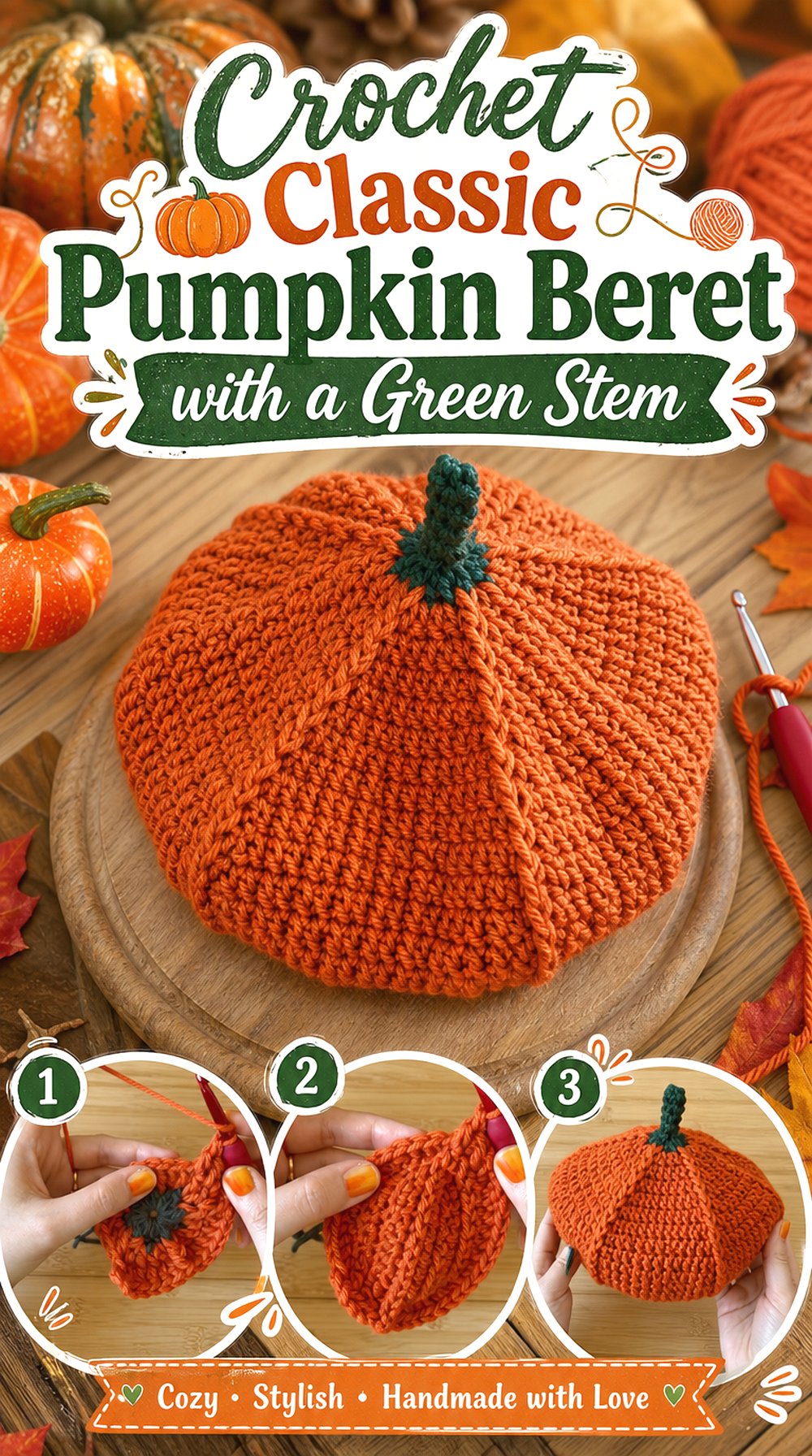 Crochet Classic Pumpkin Beret with a Green Stem