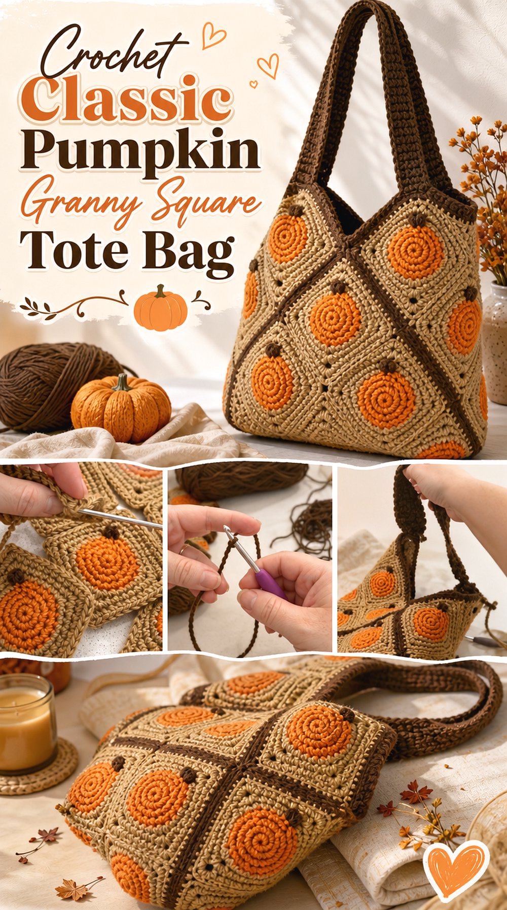 Crochet Classic Pumpkin Granny Square Tote Bag