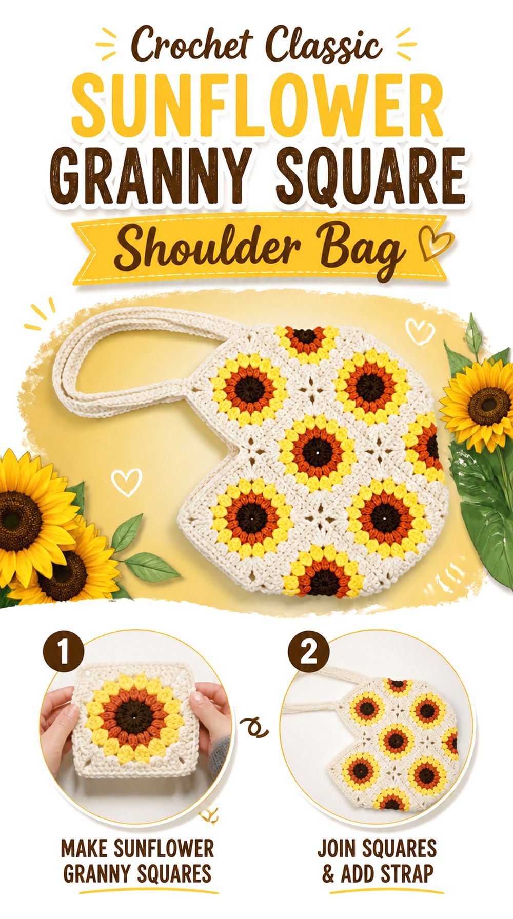 Crochet Classic Sunflower Granny Square Shoulder Bag