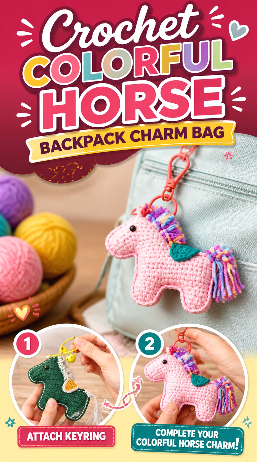 Crochet Colorful Horse Backpack Charm Bag