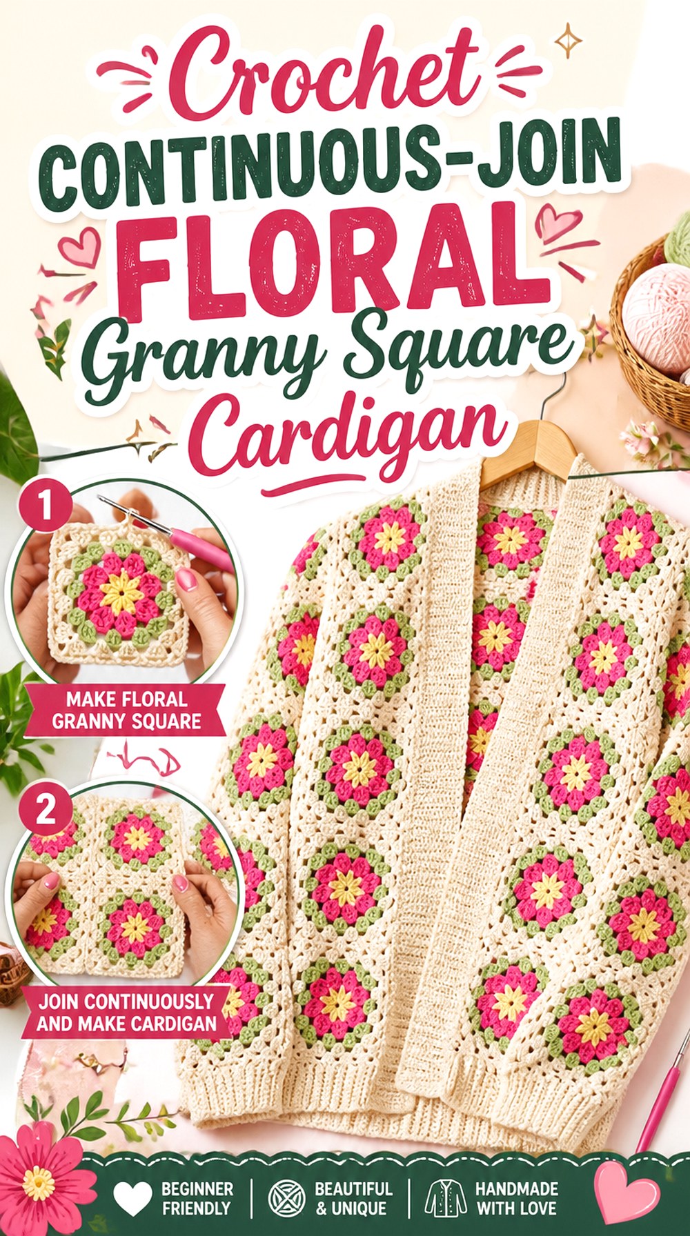 Crochet Continuous Join Floral Granny Square Cardigan