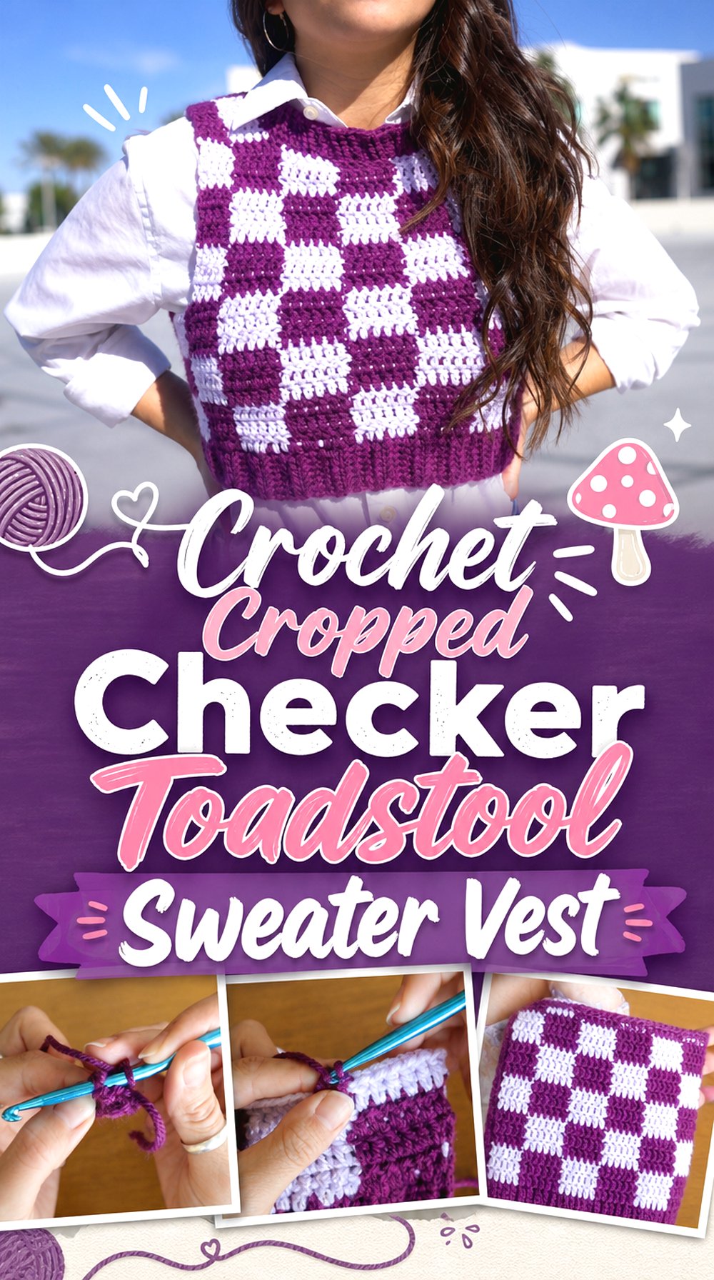 Crochet Cropped Checker Toadstool Sweater Vest