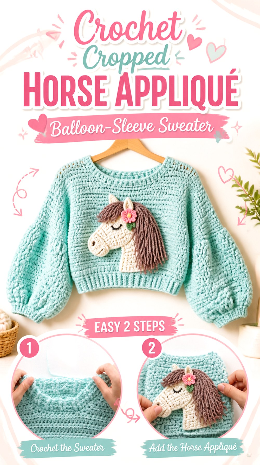 Crochet Cropped Horse Appliqué Balloon Sleeve Sweater