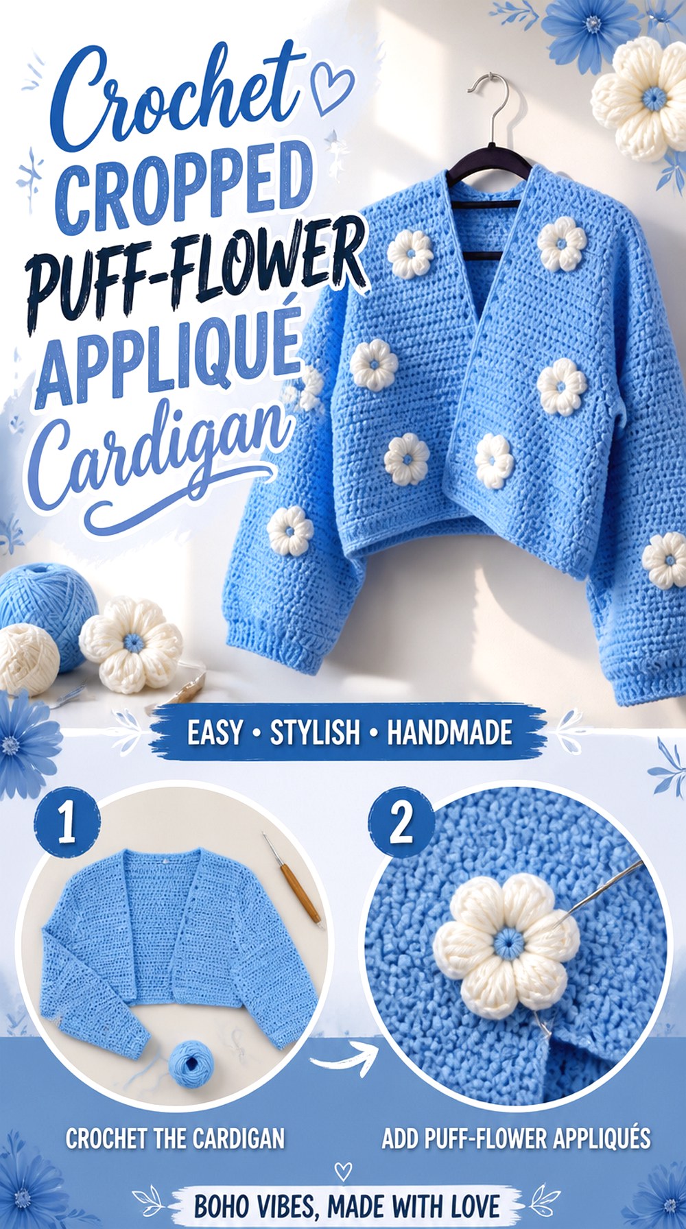 Crochet Cropped Puff Flower Appliqué Cardigan