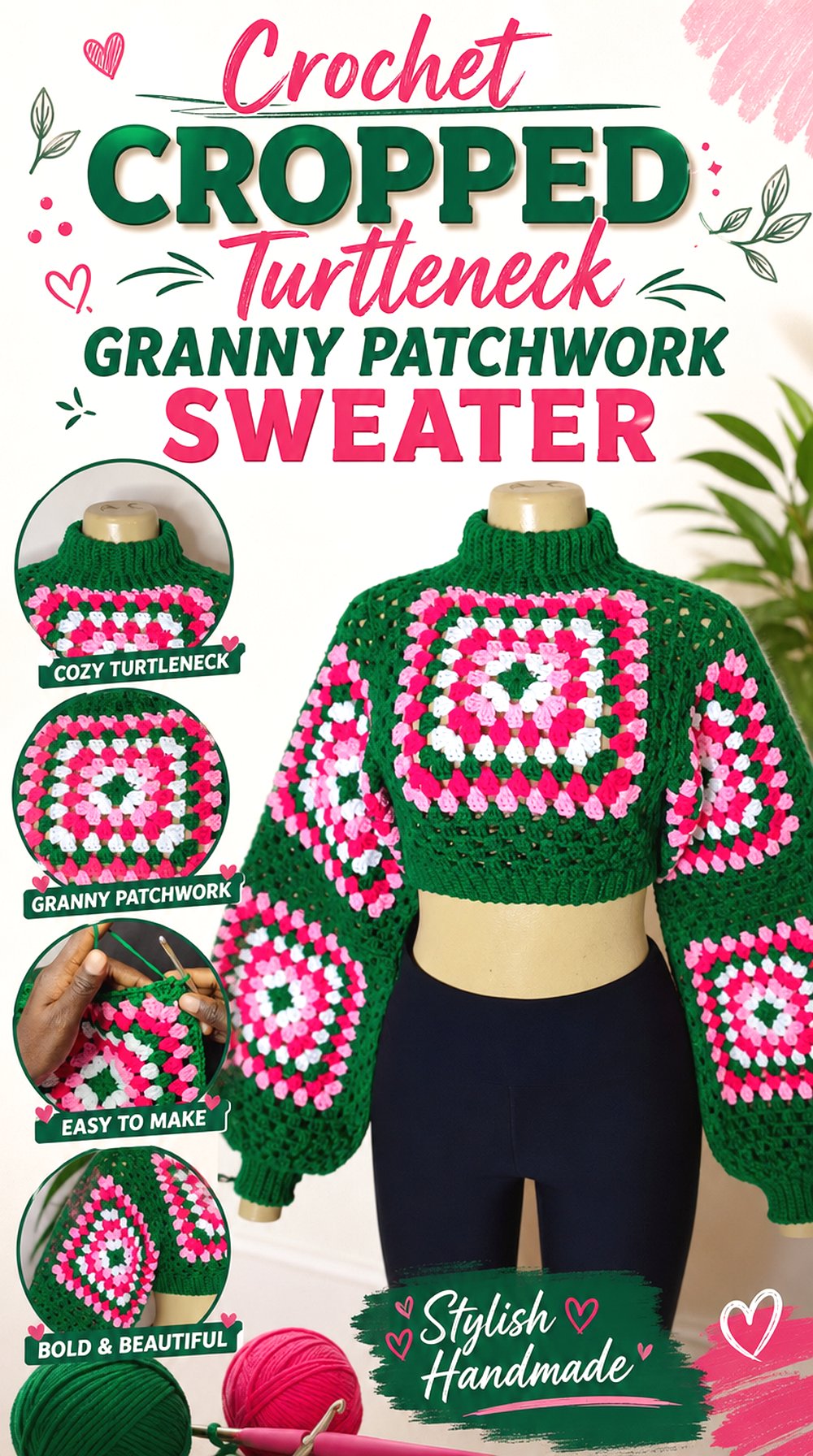 Crochet Cropped Turtleneck Granny Patchwork Sweater