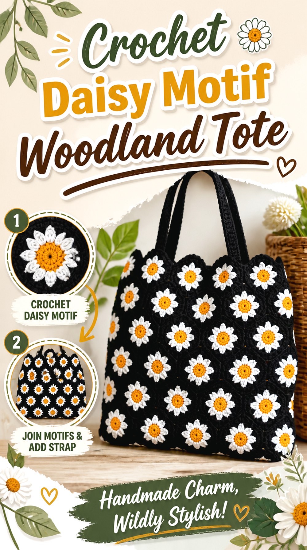 Crochet Daisy Motif Woodland Tote