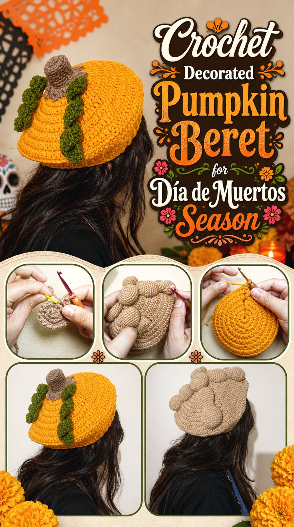 Crochet Decorated Pumpkin Beret for Día de Muertos Season