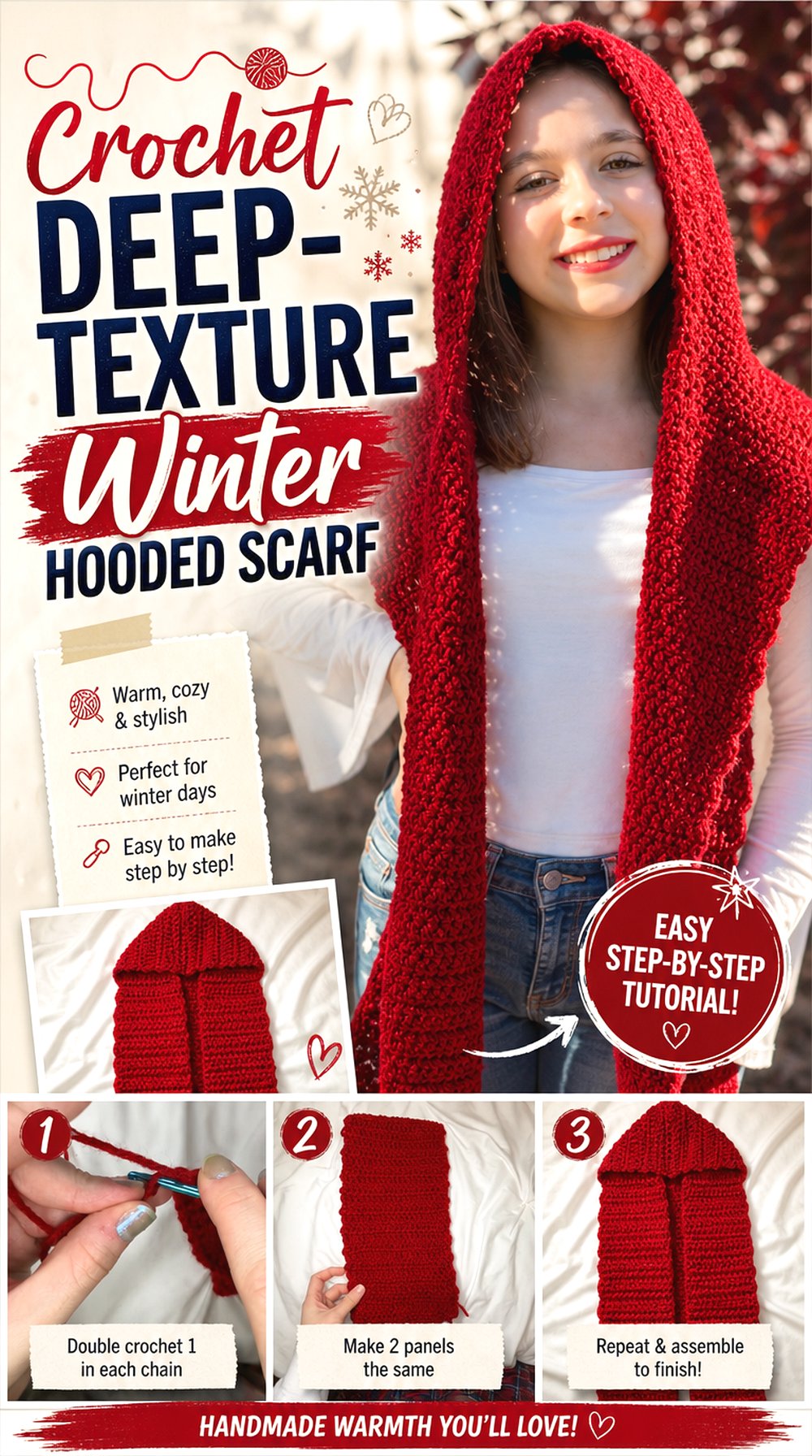 Crochet Deep Texture Winter Hooded Scarf