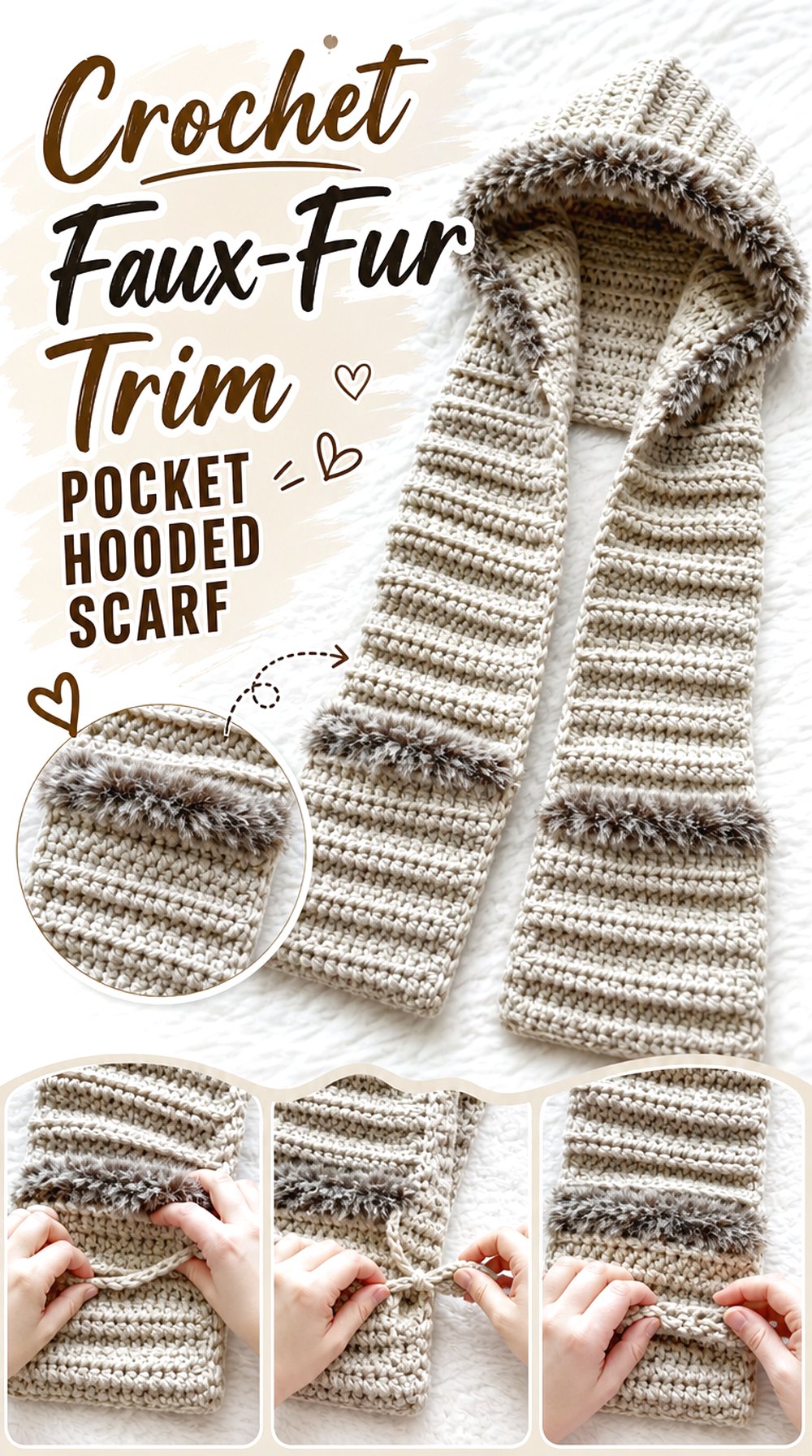 Crochet Faux Fur Trim Pocket Hooded Scarf