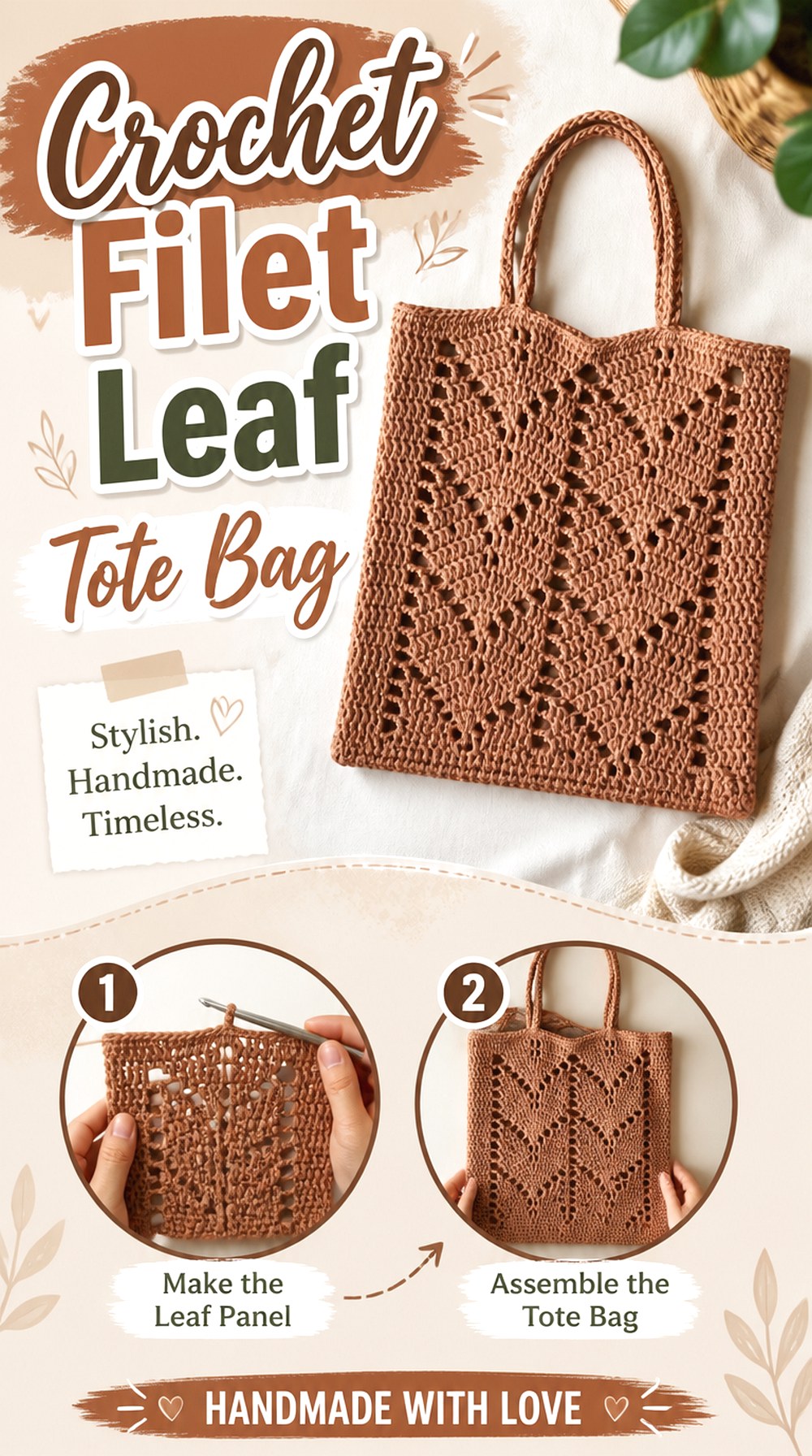 Crochet Filet Leaf Tote Bag