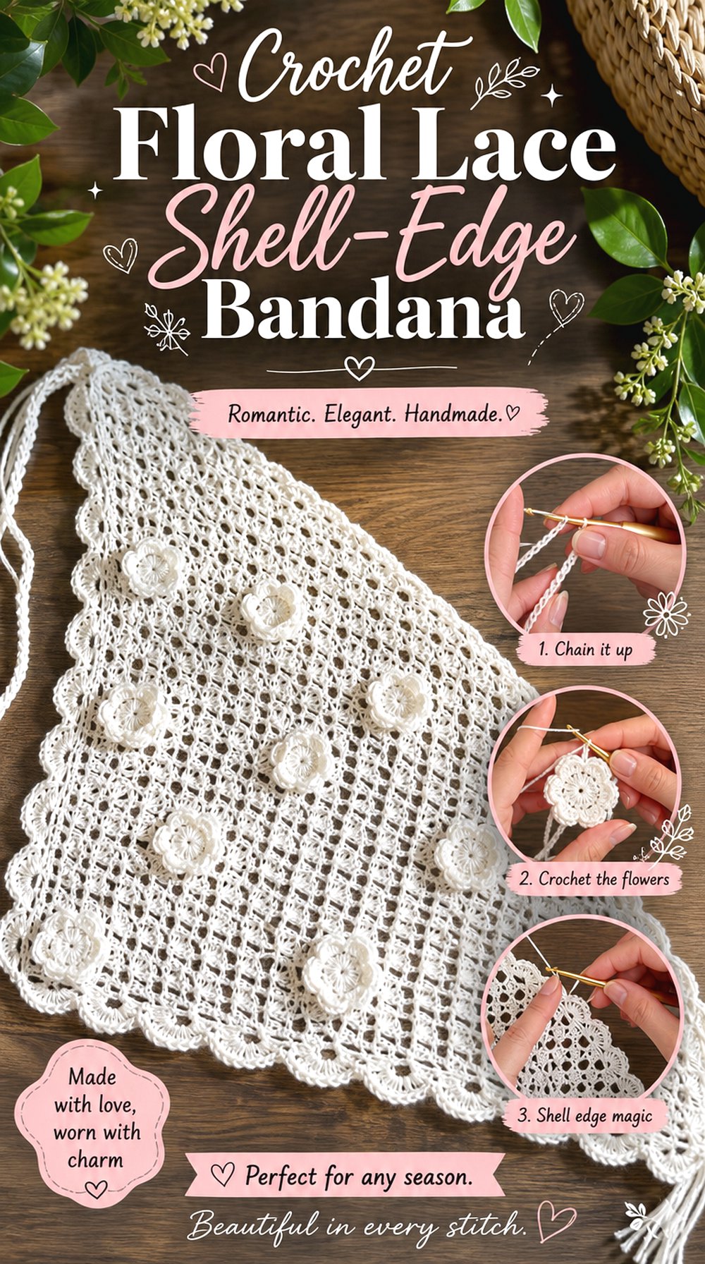 Crochet Floral Lace Shell Edge Bandana