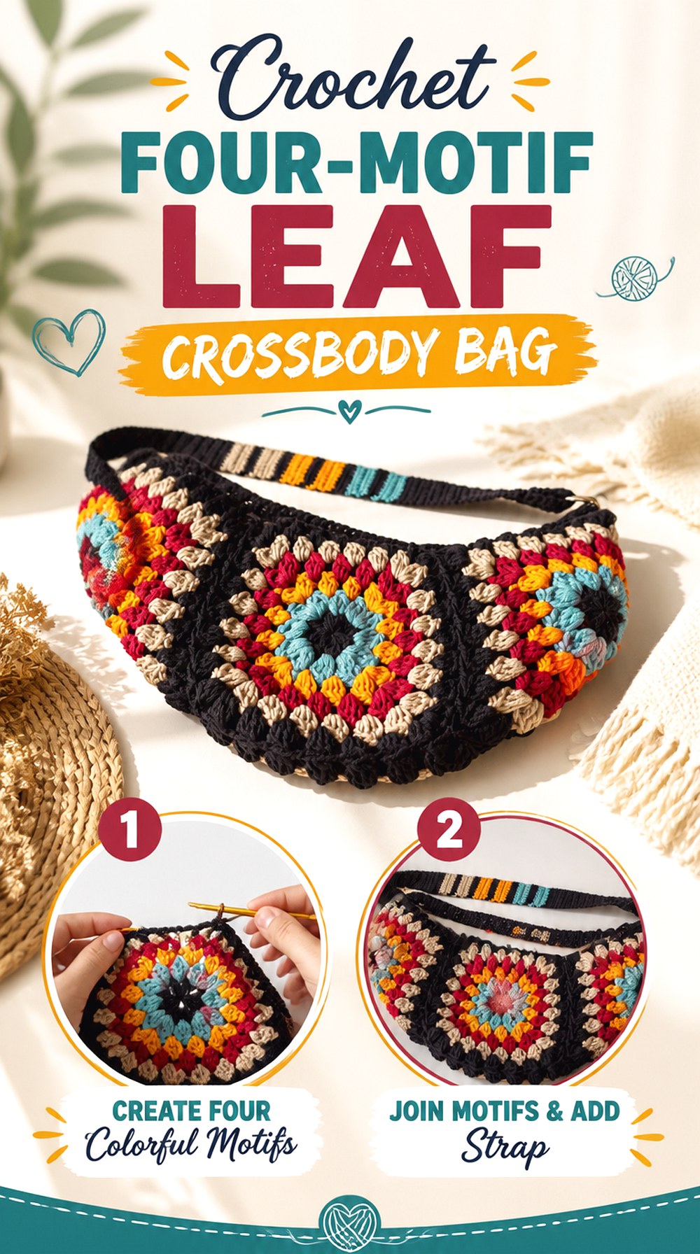 Crochet Four Motif Leaf Crossbody Bag