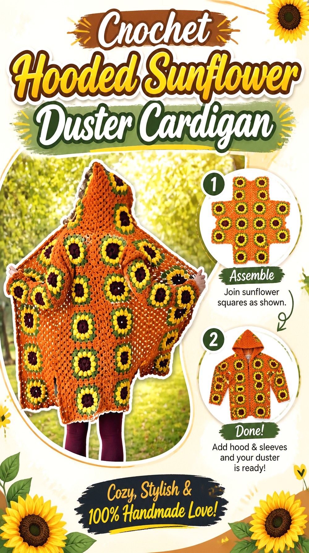 Crochet Hooded Sunflower Duster Cardigan