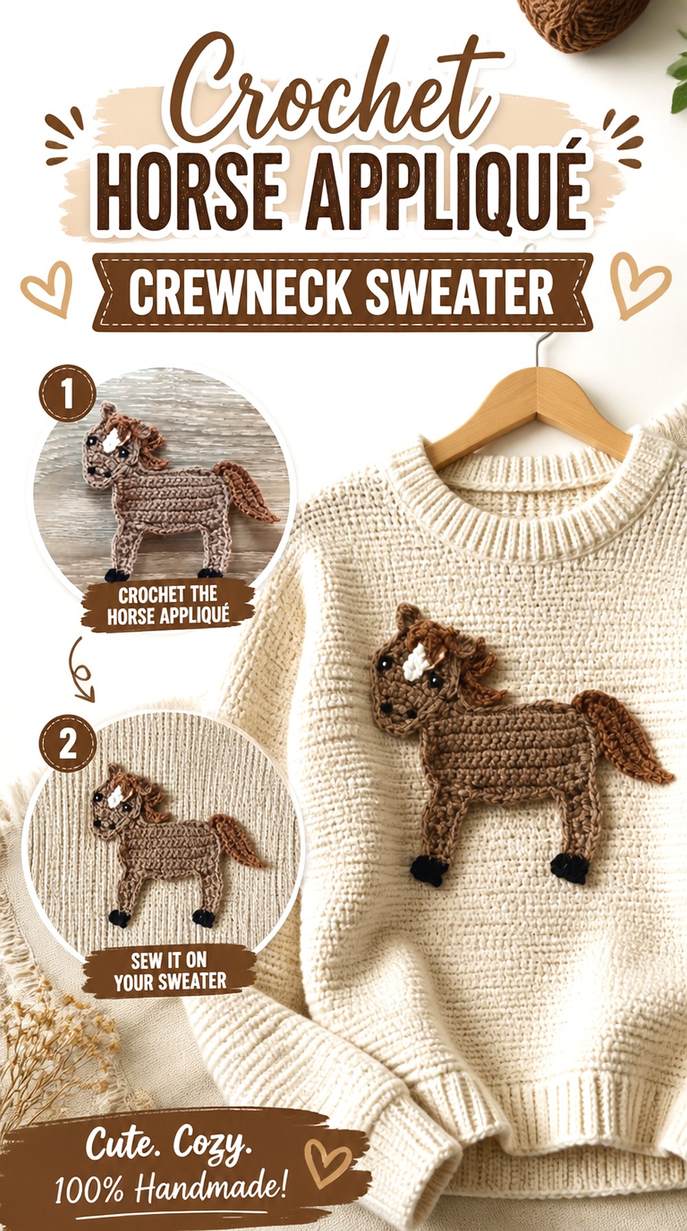 Crochet Horse Appliqué Crewneck Sweater
