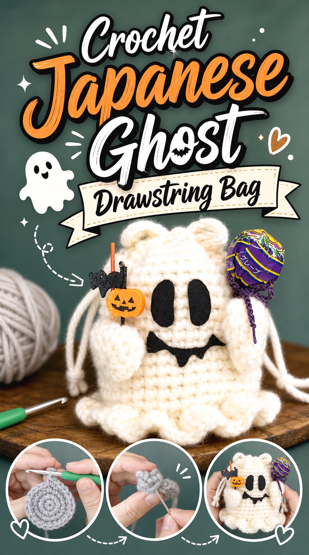 Crochet Japanese Ghost Drawstring Bag