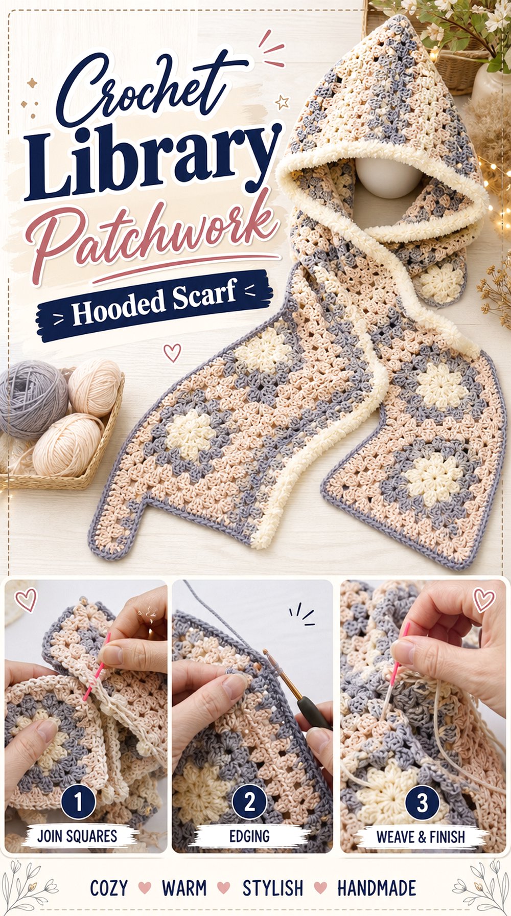 Crochet Library Patchwork Hooded Scarf