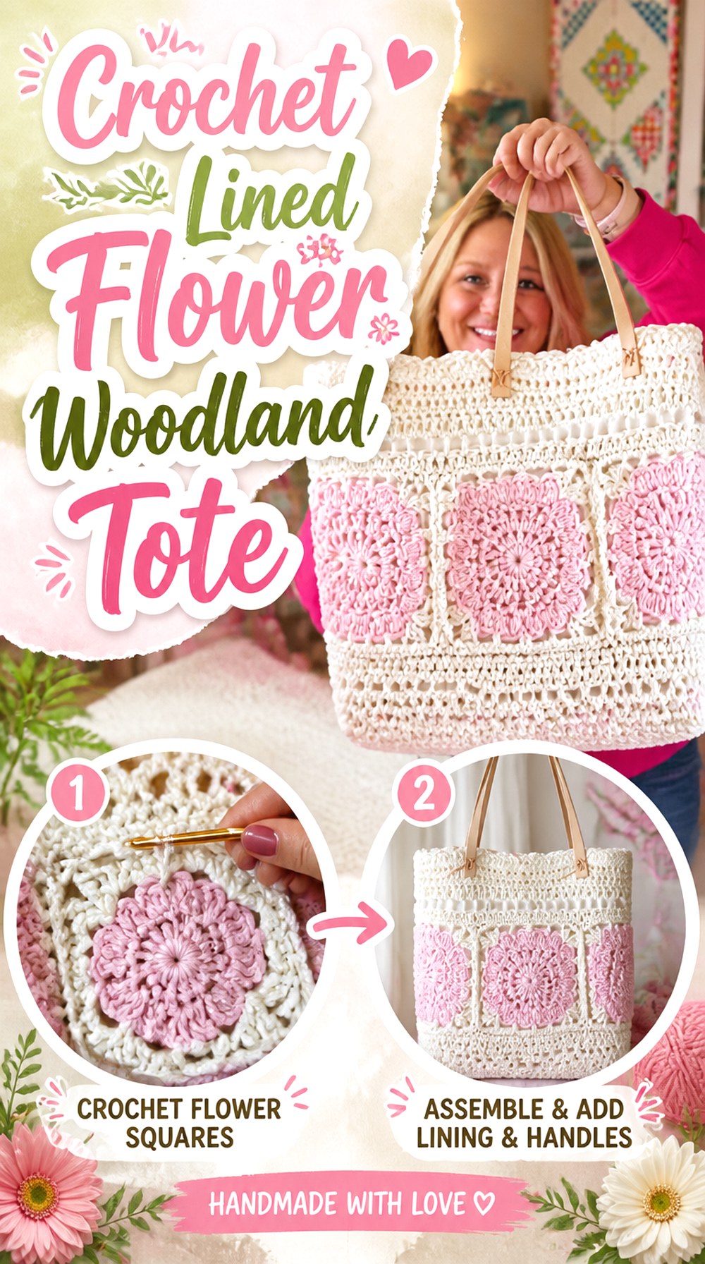 Crochet Lined Flower Woodland Tote