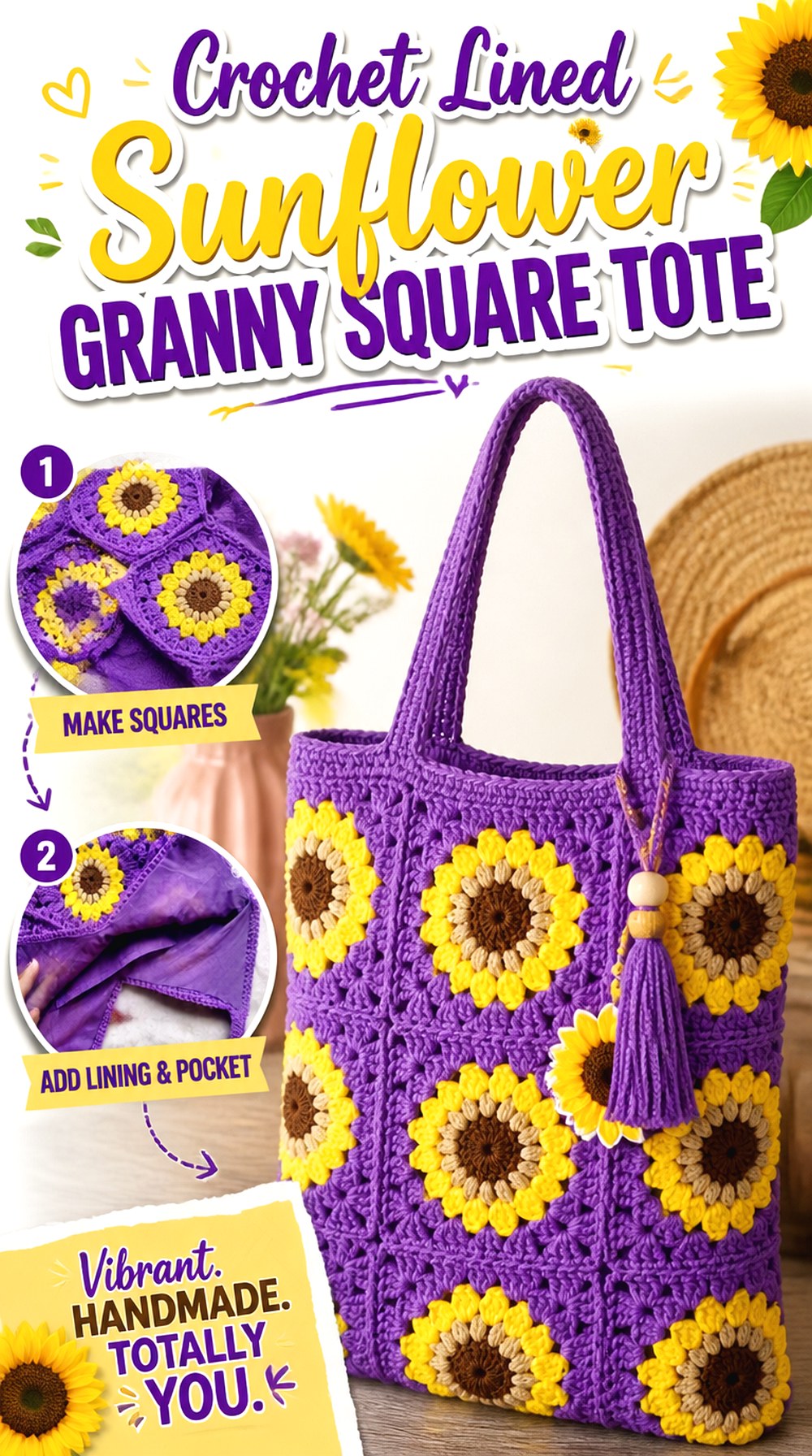 Crochet Lined Sunflower Granny Square Tote