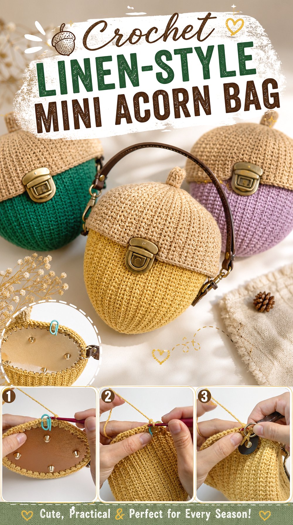 Crochet Linen Style Mini Acorn Bag