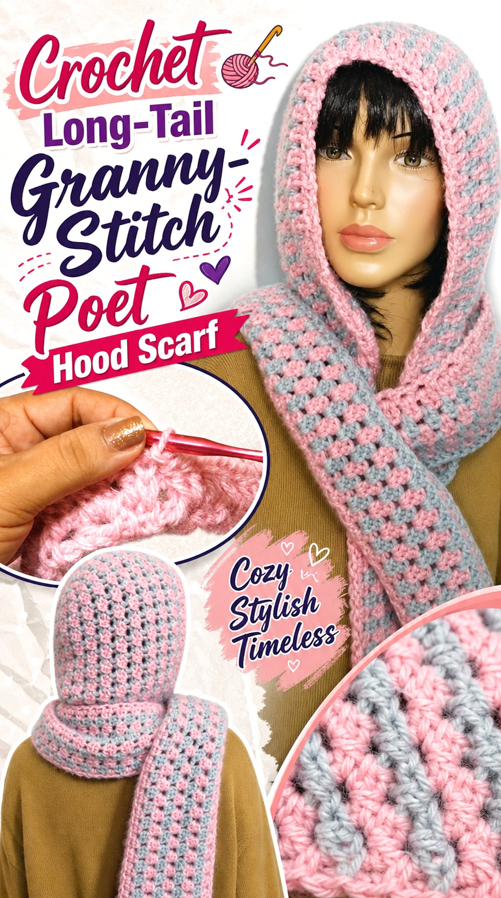 Crochet Long Tail Granny Stitch Poet Hood Scarf