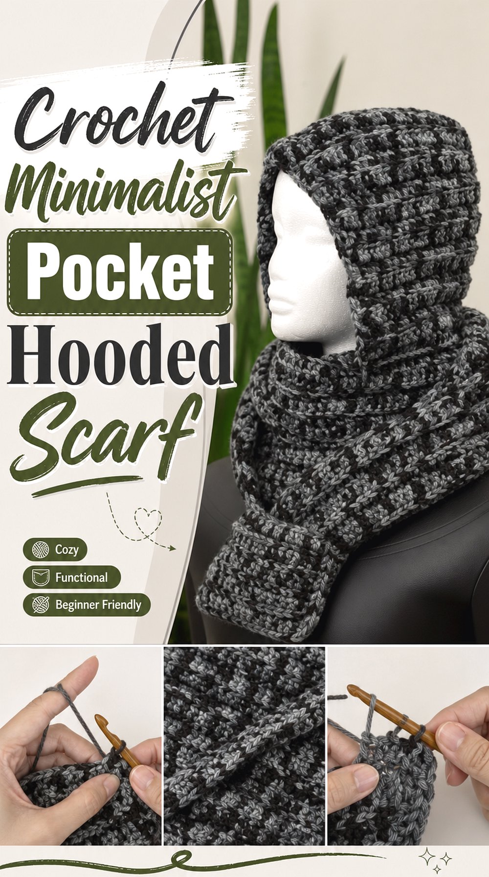 Crochet Minimalist Pocket Hooded Scarf
