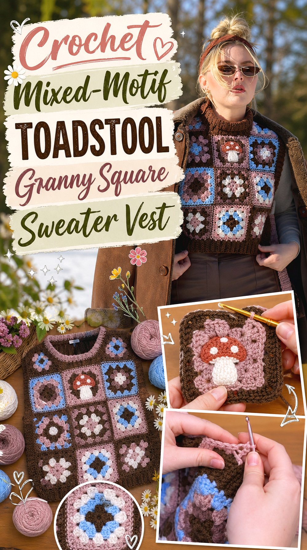 Crochet Mixed Motif Toadstool Granny Square Sweater Vest