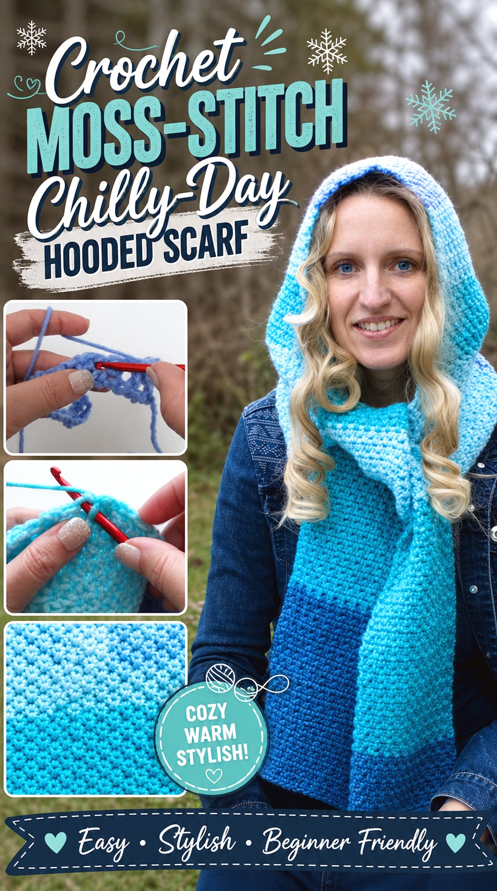 Crochet Moss Stitch Chilly Day Hooded Scarf