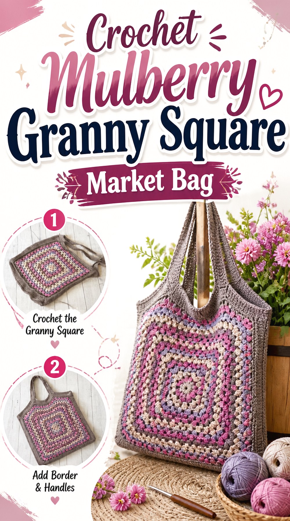 Crochet Mulberry Granny Square Market Bag