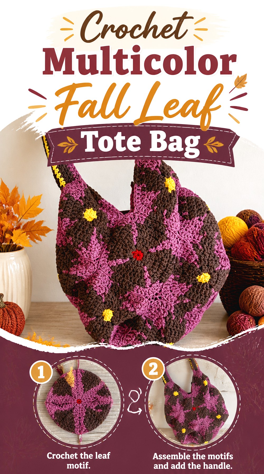 Crochet Multicolor Fall Leaf Tote Bag