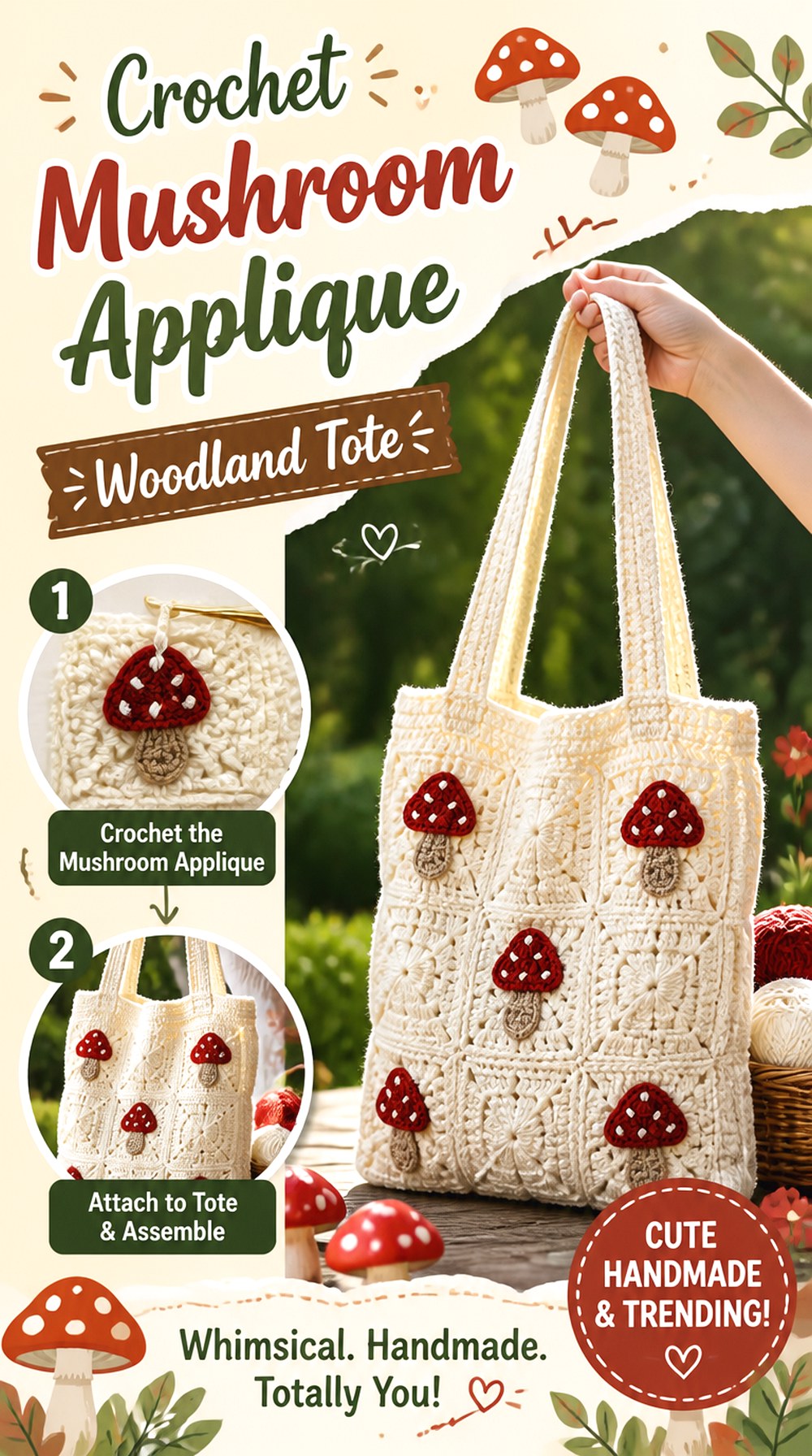 Crochet Mushroom Applique Woodland Tote