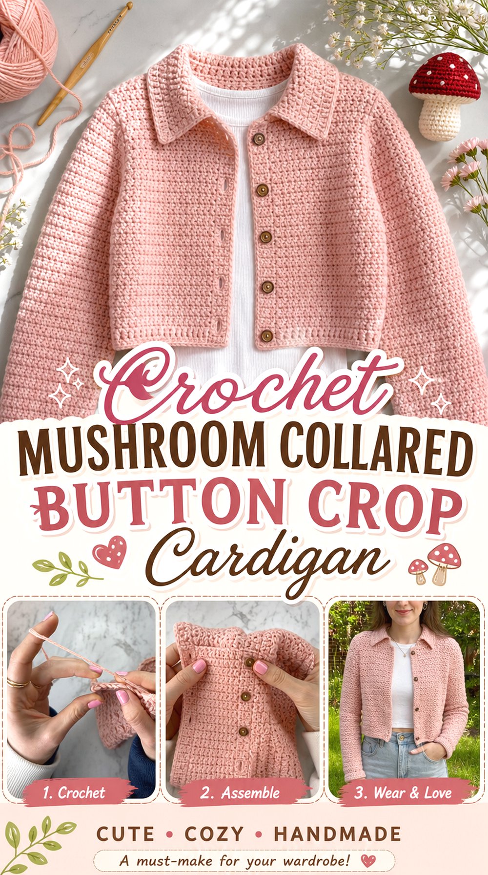 Crochet Mushroom Collared Button Crop Cardigan