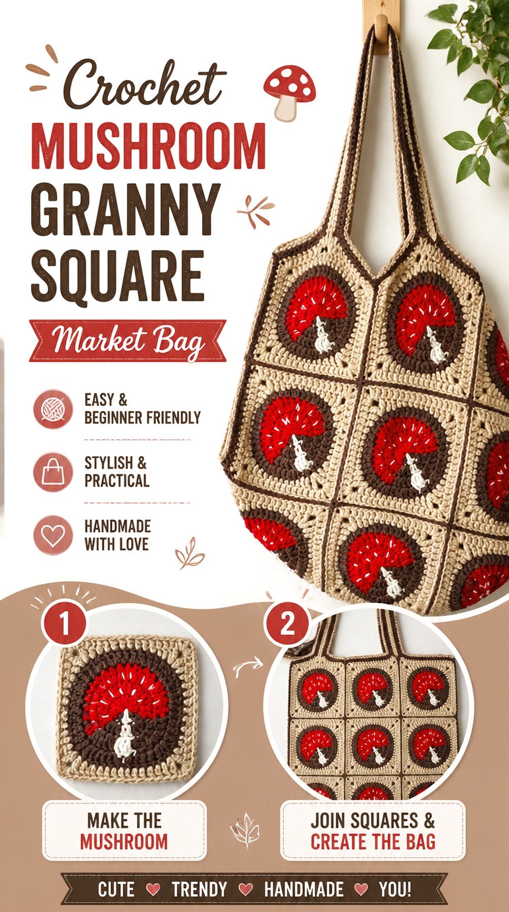 Crochet Mushroom Granny Square Market Bag