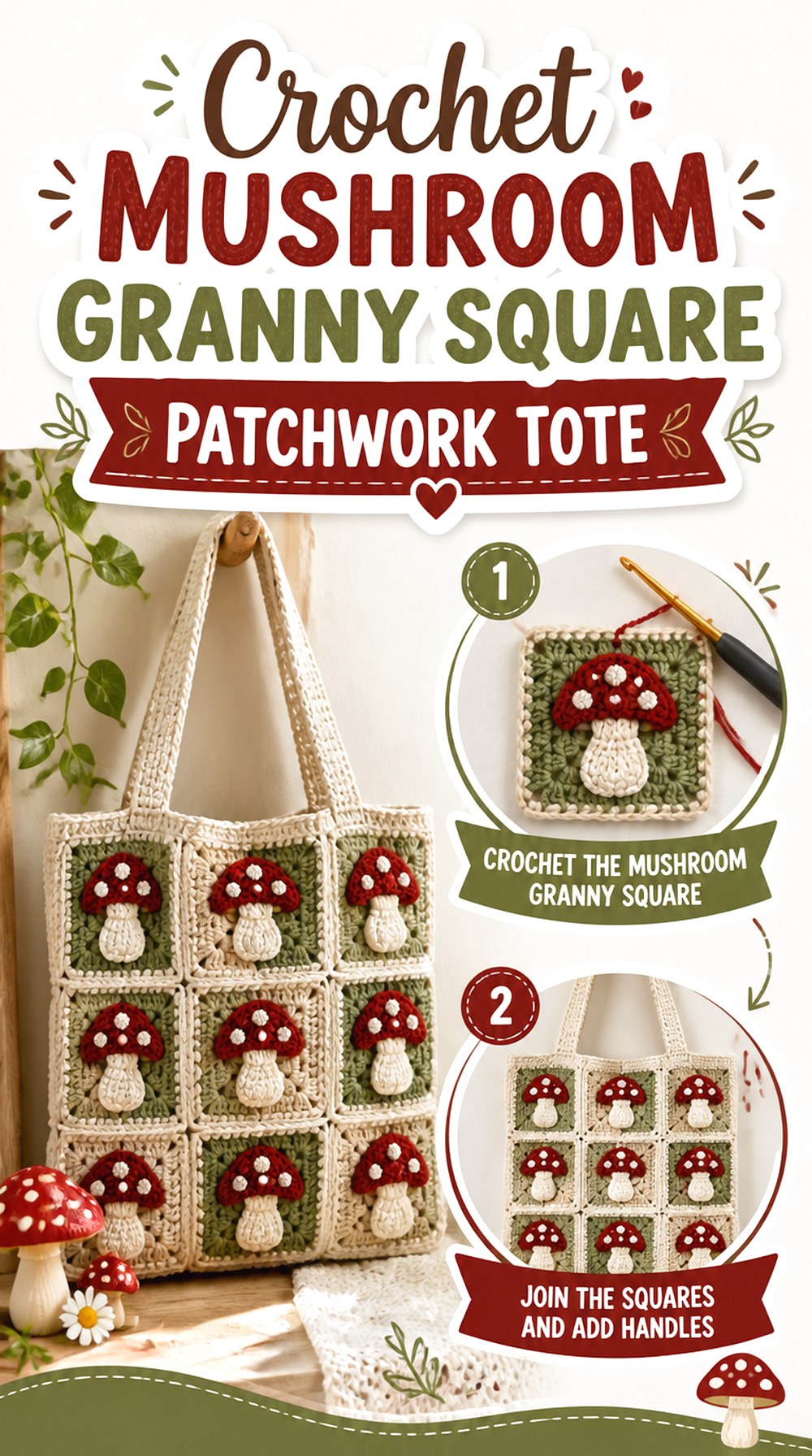 Crochet Mushroom Granny Square Patchwork Tote