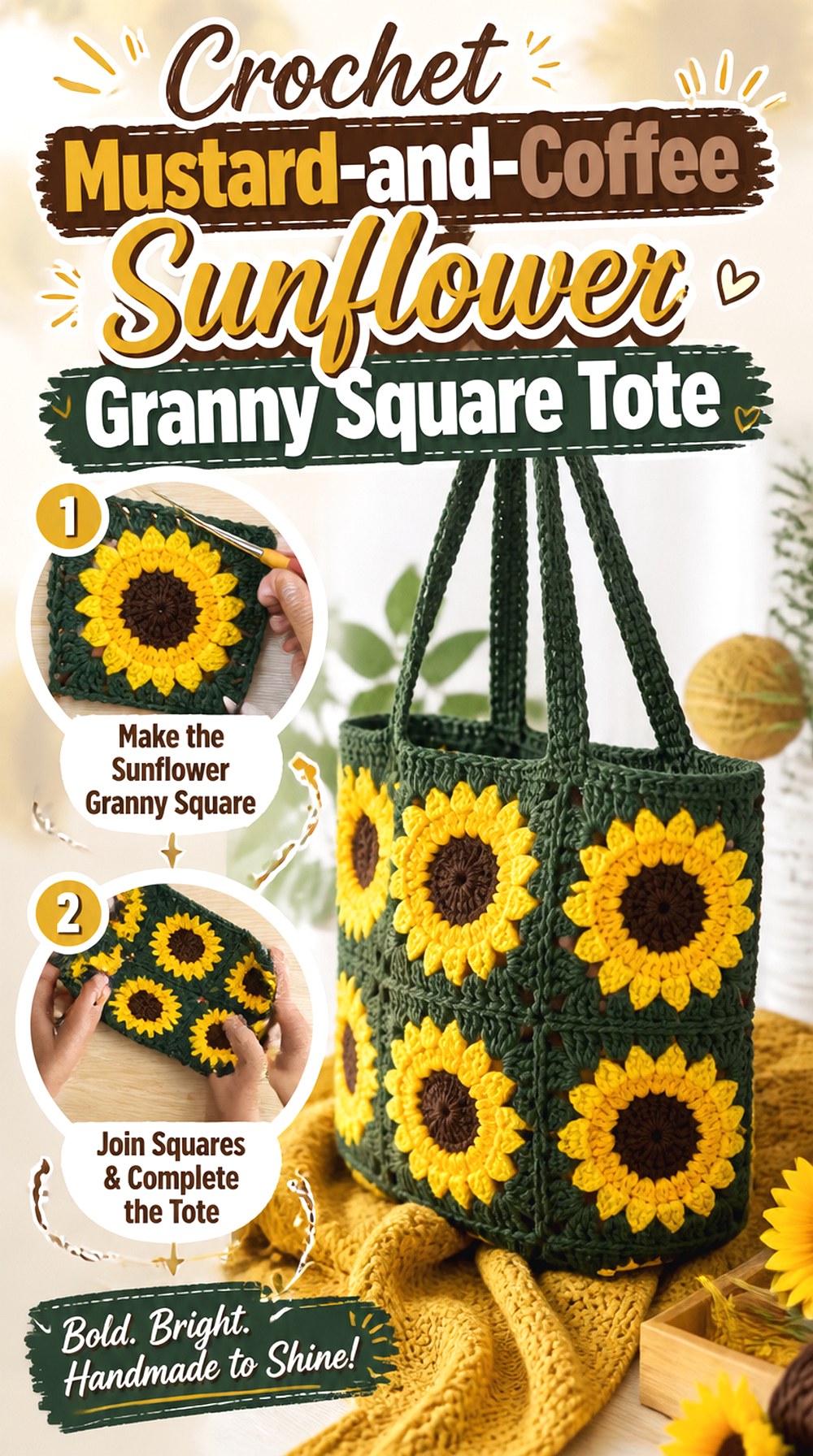 Crochet Mustard and Coffee Sunflower Granny Square Tote