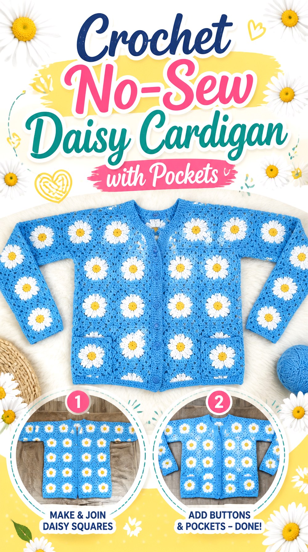 Crochet No Sew Daisy Cardigan with Pockets